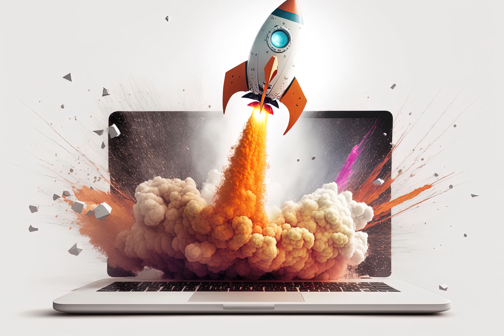 Rocket coming out of laptop screen, white background. AI digital